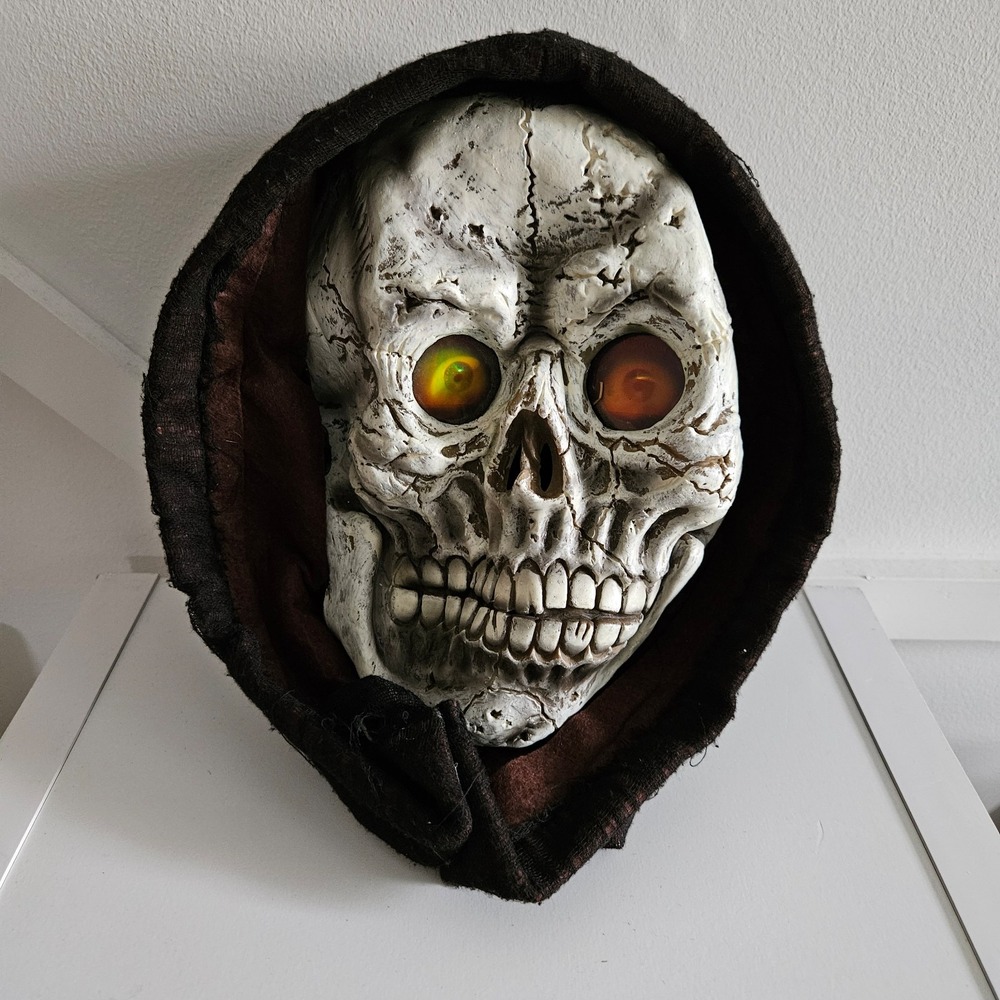 Grim Reaper Skull Halloween Mask with Holographic Eyes and Tattered Hood